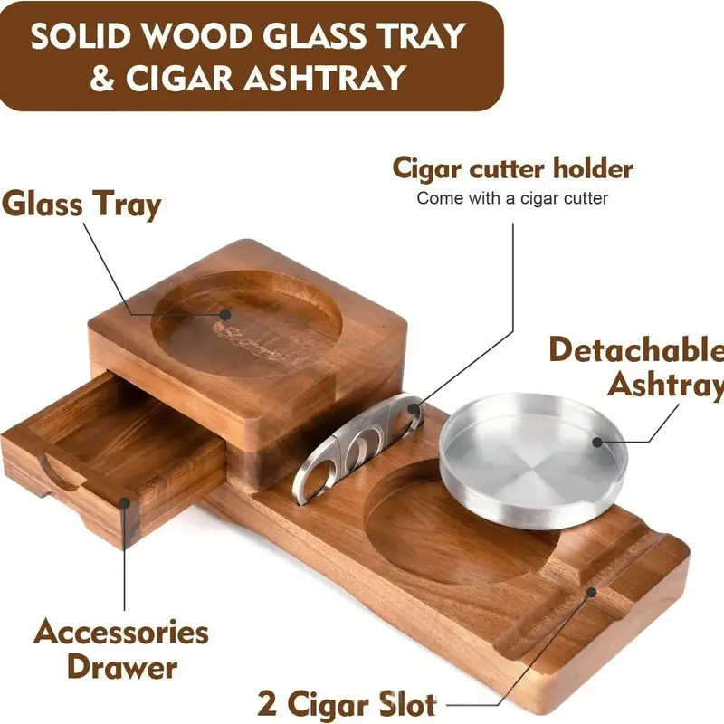Solid Wood Cigar Ashtray Set - Whiskey Glass Holder & Humidor Drawer, Luxury Cigar Accessories Box with Cutter Rest – vue 3