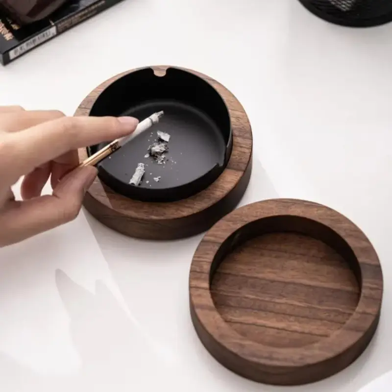Creative Walnut Wood Ashtray with Lid Windproof Stainless Steel Desktop Ash Tray for Smoking Office Home Decorative Accessory